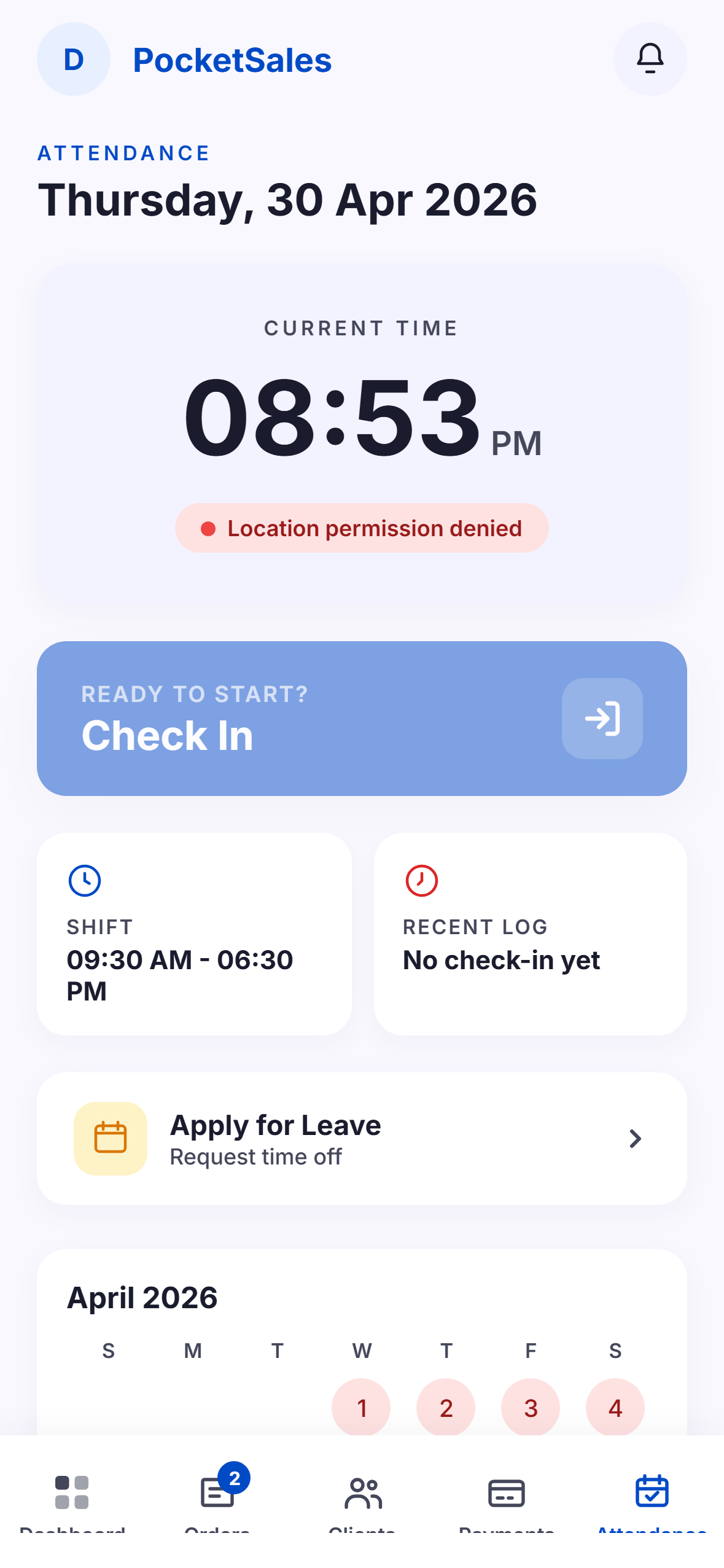 Geofenced check-in screenshot